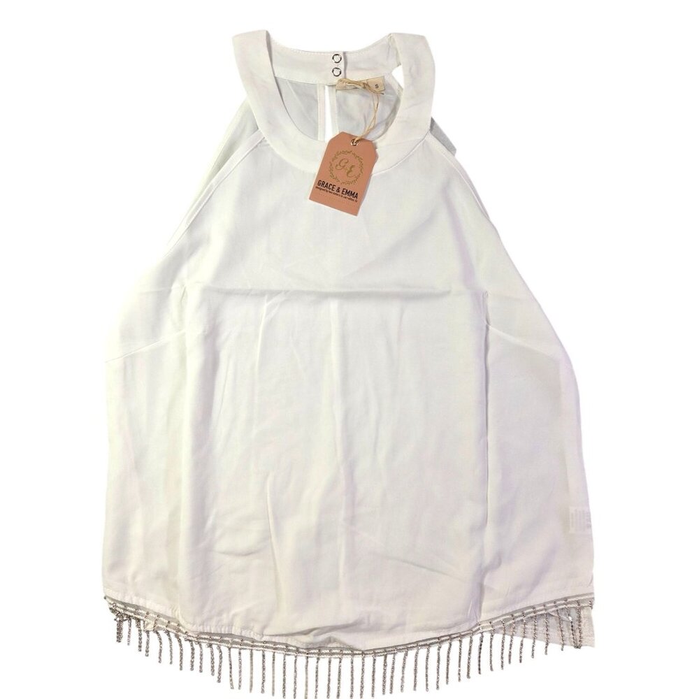 GRACE & EMMA White Halter Top Rhinestone Fringe Light Weight Womens Small New